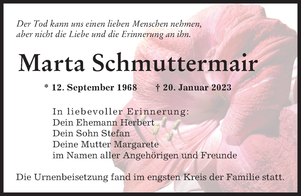  Traueranzeige für Marta Schmuttermair vom 28.01.2023 aus Augsburger Allgemeine