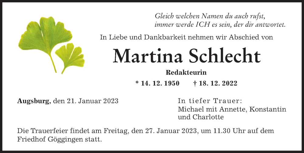  Traueranzeige für Martina Schlecht vom 21.01.2023 aus Augsburger Allgemeine