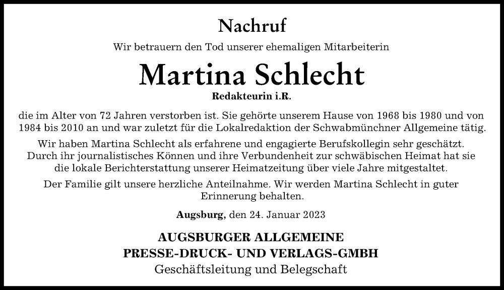  Traueranzeige für Martina Schlecht vom 24.01.2023 aus Augsburger Allgemeine