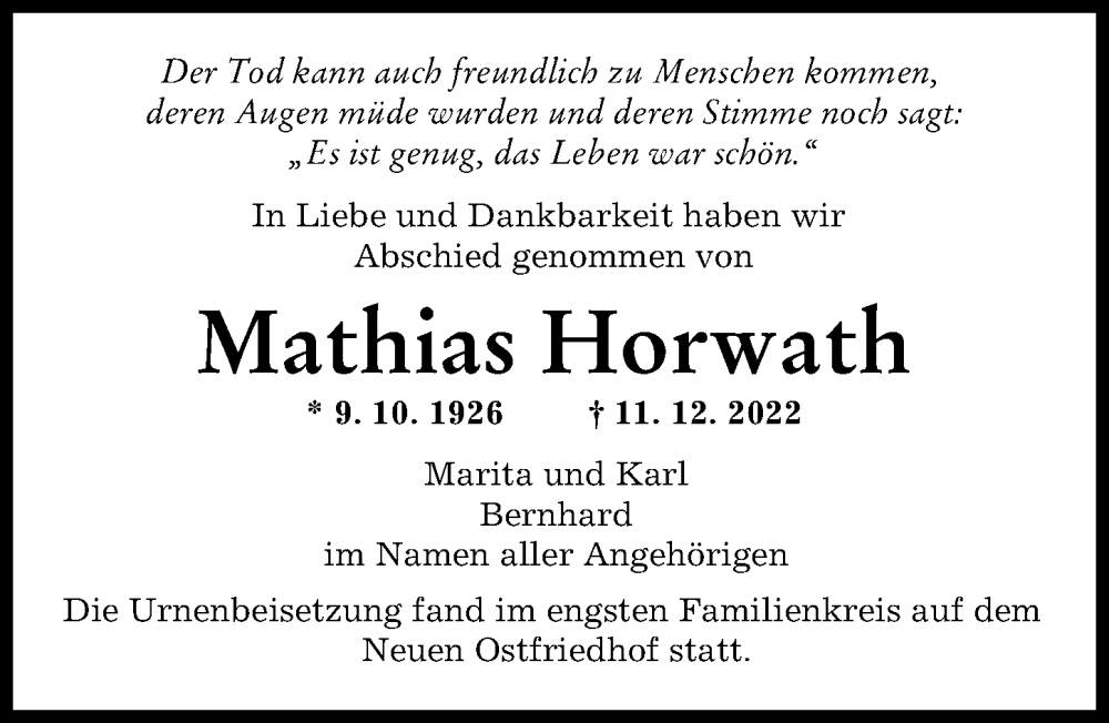  Traueranzeige für Mathias Horwath vom 28.01.2023 aus Augsburger Allgemeine