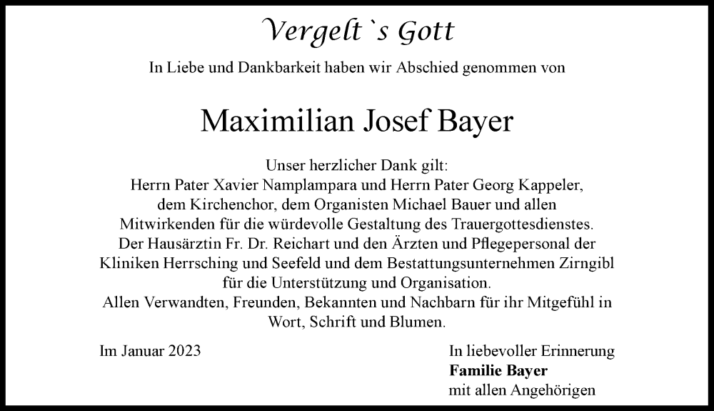 Traueranzeige von Maximilian Josef Bayer von Landsberger Tagblatt