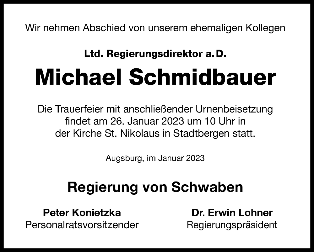 Traueranzeige von Michael Schmidbauer von Augsburger Allgemeine