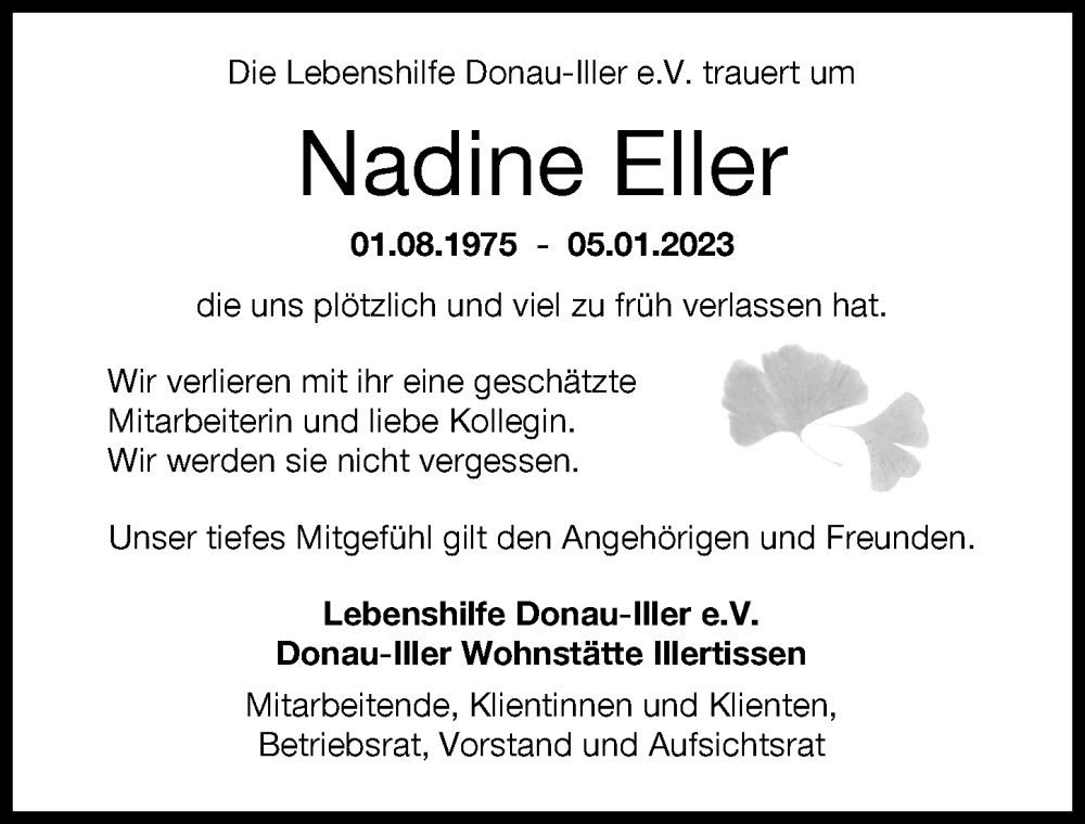  Traueranzeige für Nadine Eller vom 23.01.2023 aus Illertisser Zeitung