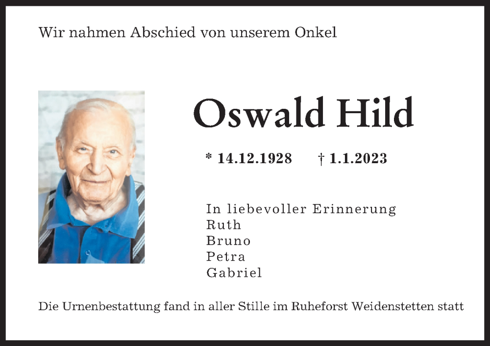  Traueranzeige für Oswald Hild vom 23.01.2023 aus Günzburger Zeitung