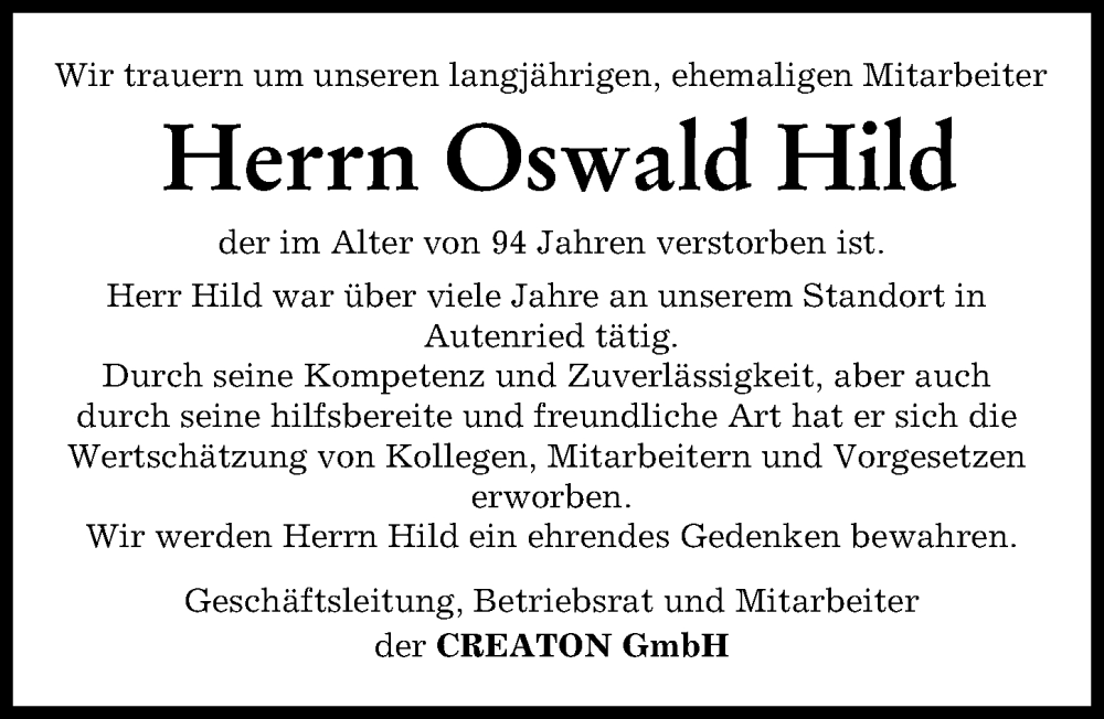  Traueranzeige für Oswald Hild vom 27.01.2023 aus Günzburger Zeitung