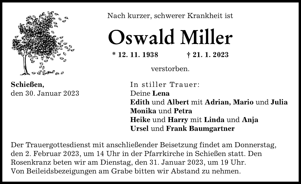 Traueranzeige von Oswald Miller von Neu-Ulmer Zeitung