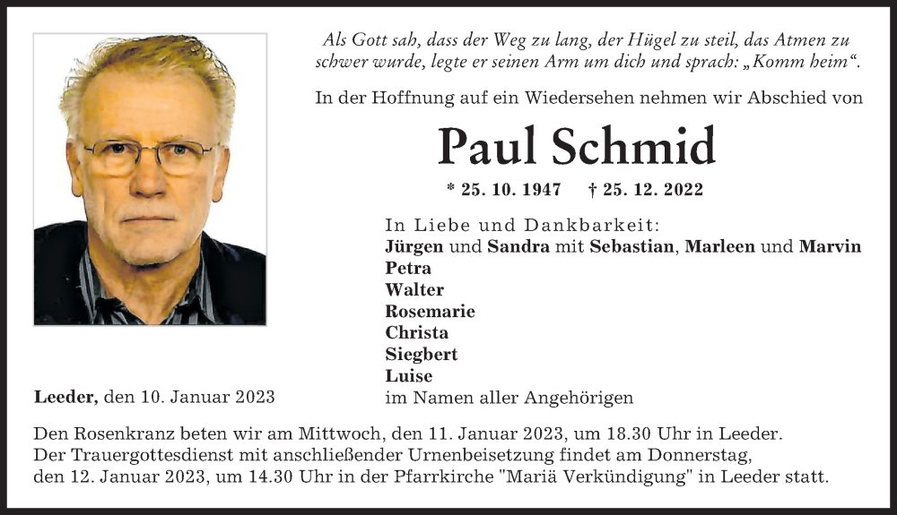  Traueranzeige für Paul Schmid vom 10.01.2023 aus Landsberger Tagblatt
