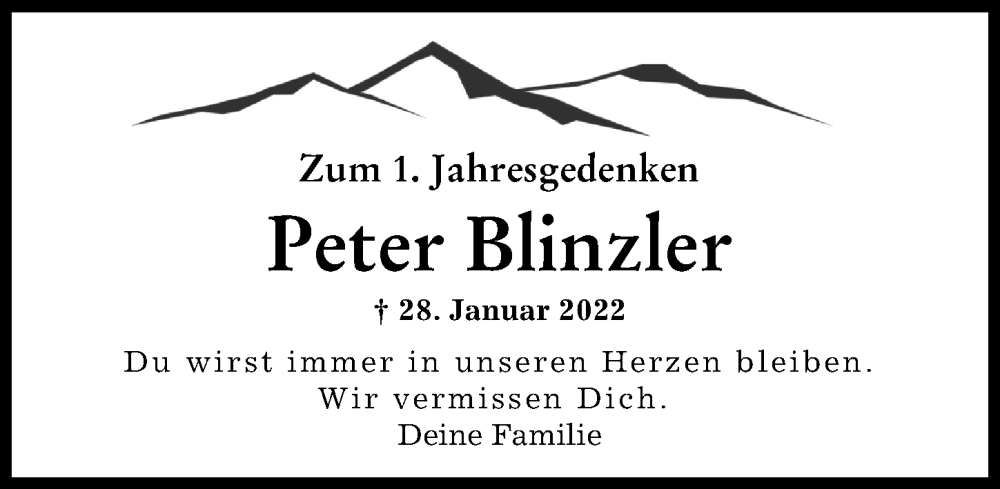  Traueranzeige für Peter Blinzler vom 28.01.2023 aus Augsburger Allgemeine