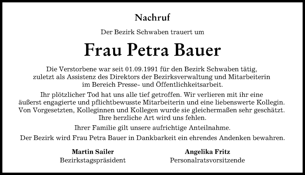  Traueranzeige für Petra Bauer vom 25.01.2023 aus Augsburger Allgemeine