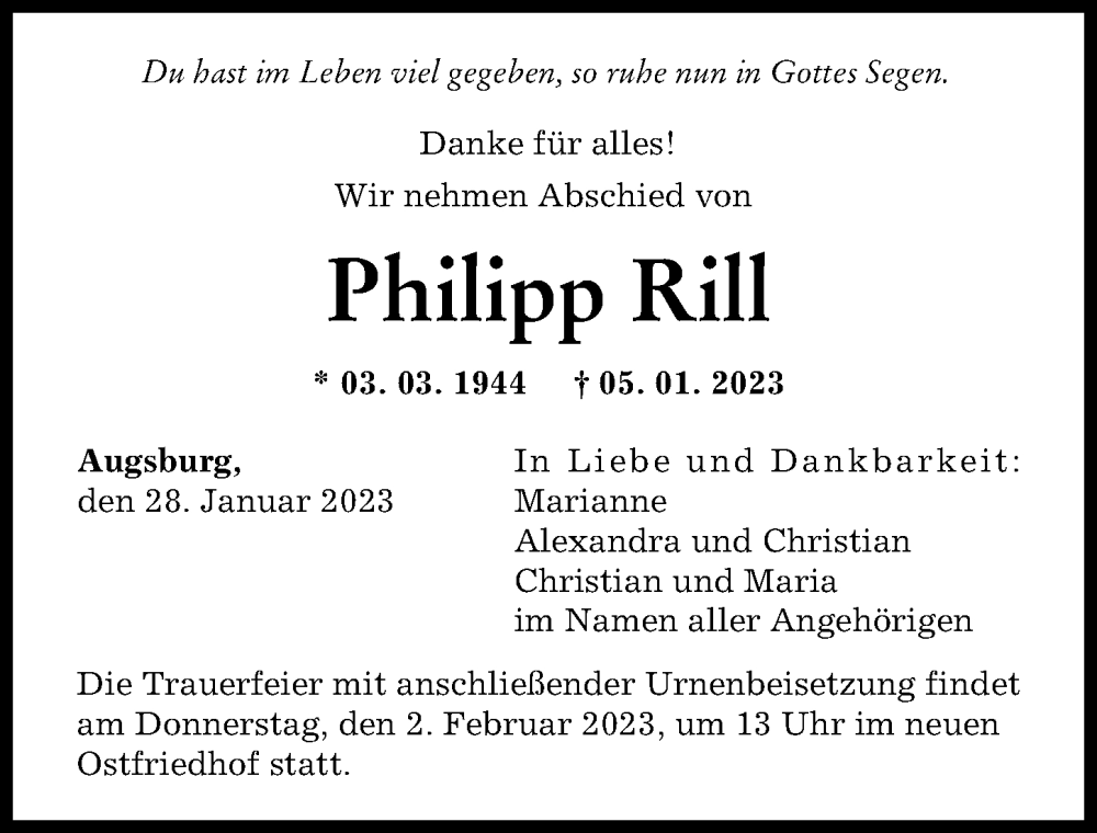  Traueranzeige für Philipp Rill vom 28.01.2023 aus Augsburger Allgemeine