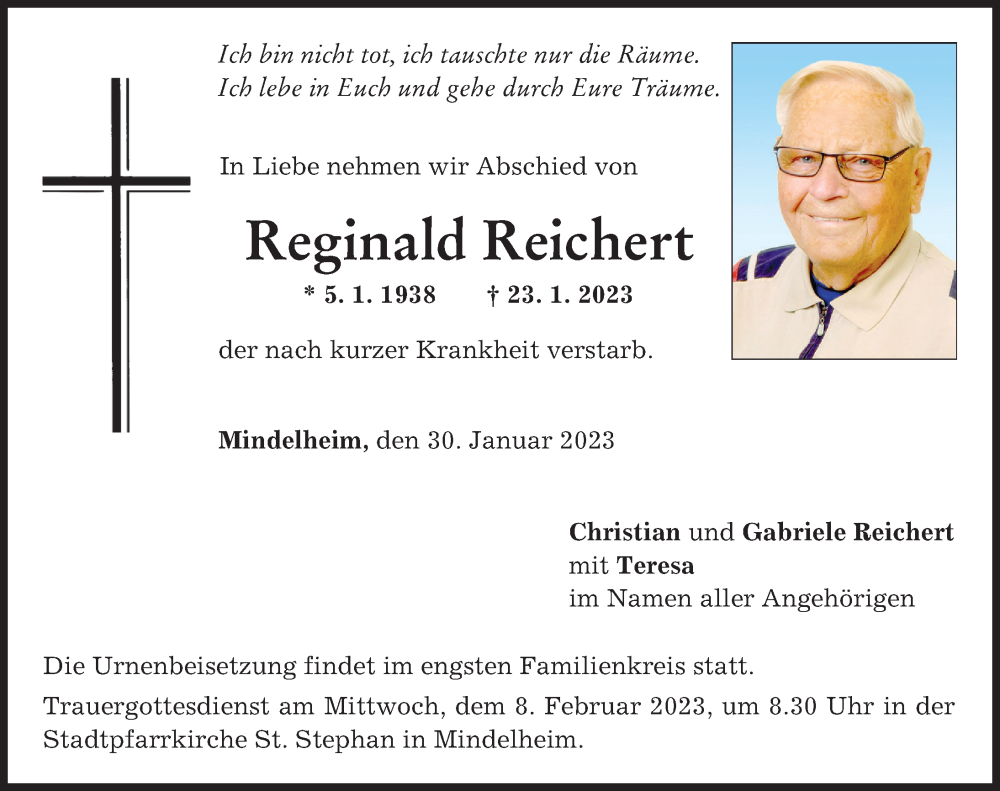  Traueranzeige für Reginald Reichert vom 30.01.2023 aus Mindelheimer Zeitung