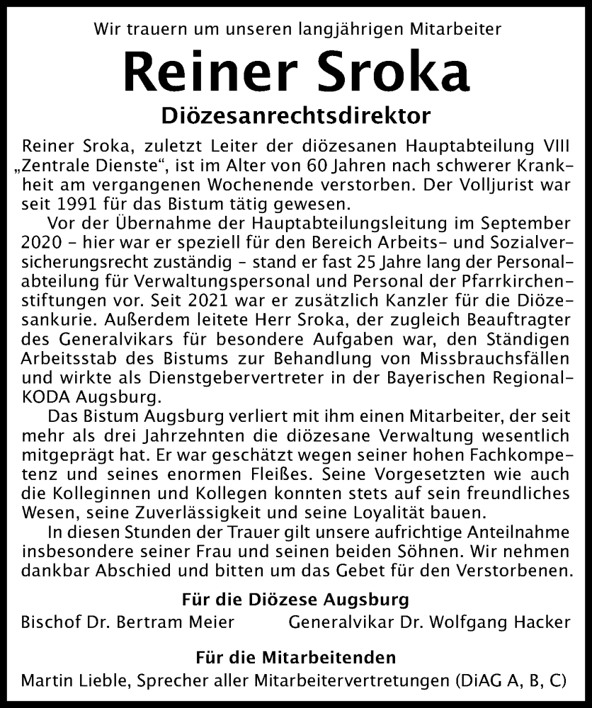  Traueranzeige für Reiner Sroka vom 28.01.2023 aus Augsburger Allgemeine