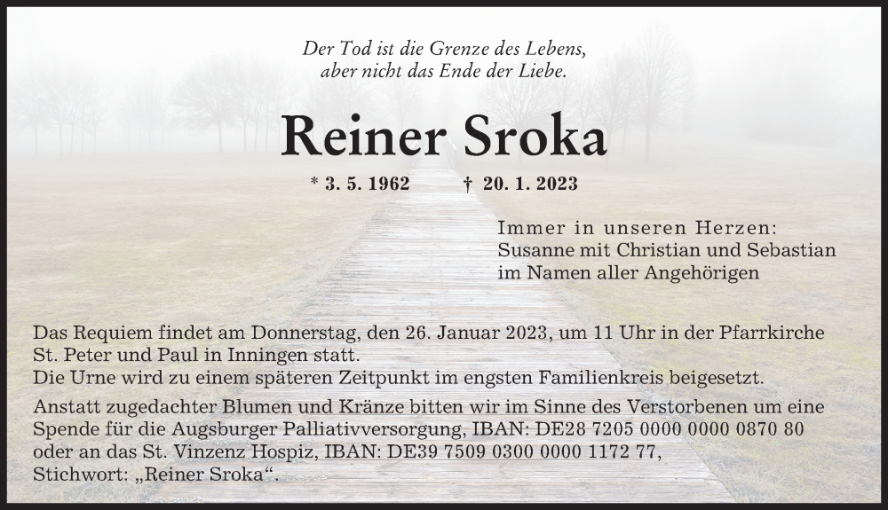  Traueranzeige für Reiner Sroka vom 24.01.2023 aus Augsburger Allgemeine