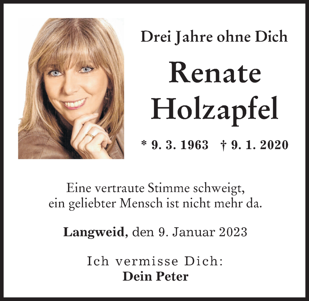 Traueranzeige von Renate Holzapfel von Augsburg-Land