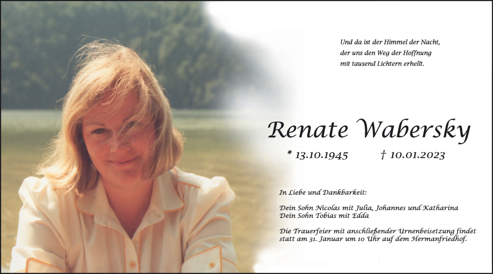  Traueranzeige für Renate Wabersky vom 28.01.2023 aus Augsburger Allgemeine