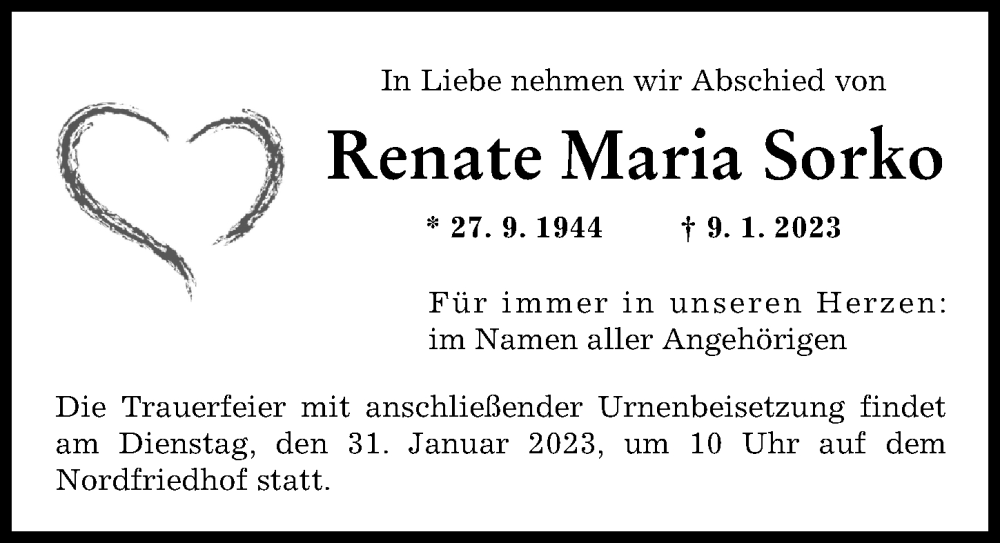  Traueranzeige für Renate Maria Sorko vom 28.01.2023 aus Augsburger Allgemeine