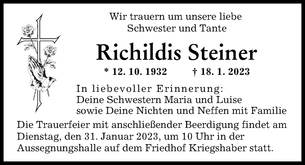  Traueranzeige für Richildis Steiner vom 28.01.2023 aus Augsburger Allgemeine