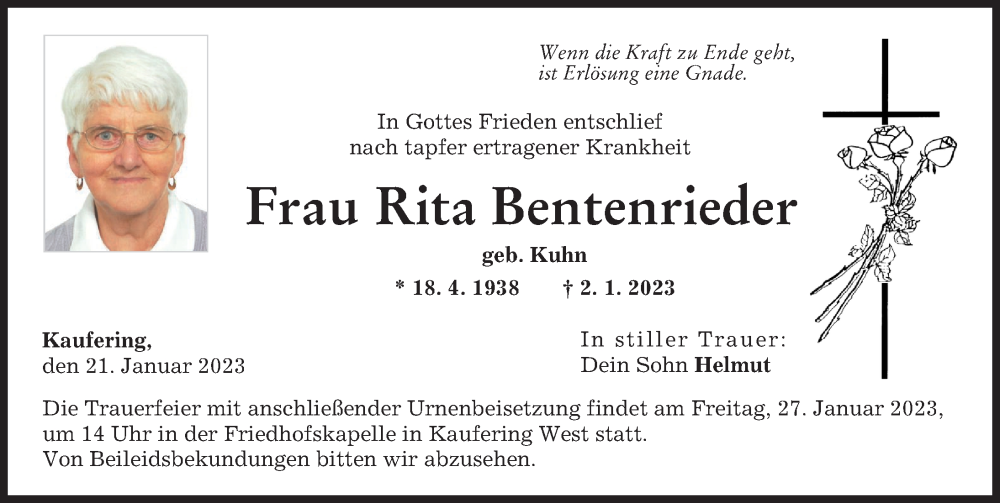 Traueranzeige von Rita Bentenrieder von Landsberger Tagblatt