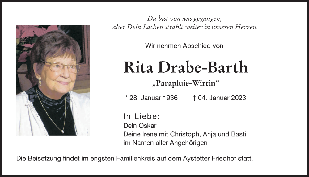  Traueranzeige für Rita Drabe-Barth vom 21.01.2023 aus Augsburg-Land