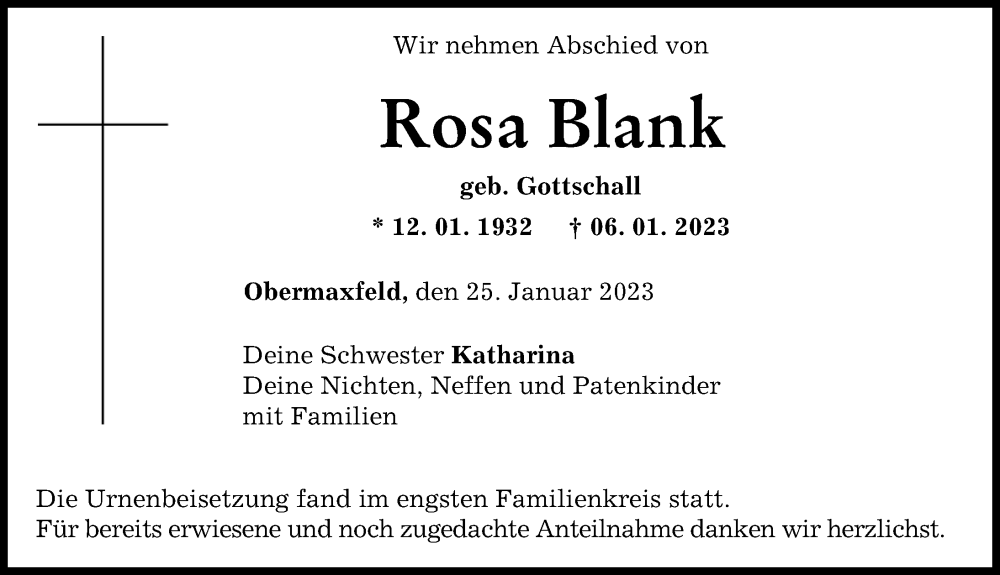  Traueranzeige für Rosa Blank vom 25.01.2023 aus Neuburger Rundschau