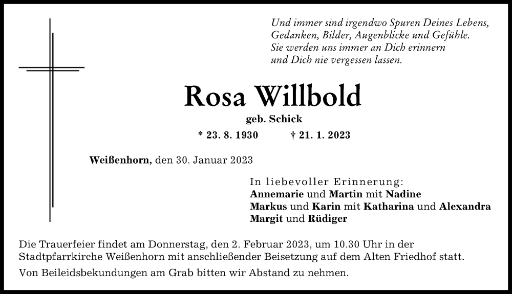  Traueranzeige für Rosa Willbold vom 30.01.2023 aus Neu-Ulmer Zeitung