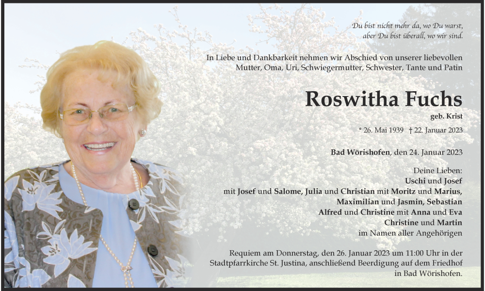  Traueranzeige für Roswitha Fuchs vom 24.01.2023 aus Mindelheimer Zeitung