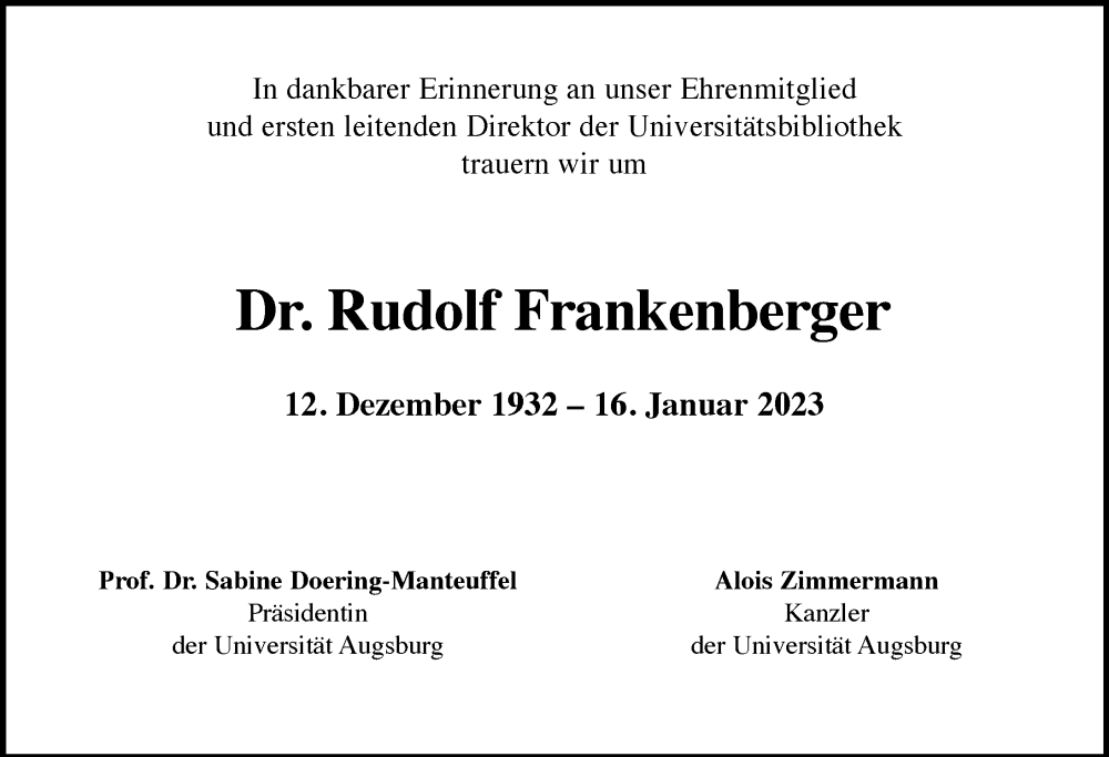  Traueranzeige für Rudolf Frankenberger vom 25.01.2023 aus Augsburger Allgemeine
