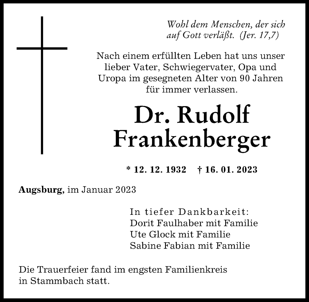  Traueranzeige für Rudolf Frankenberger vom 21.01.2023 aus Augsburger Allgemeine