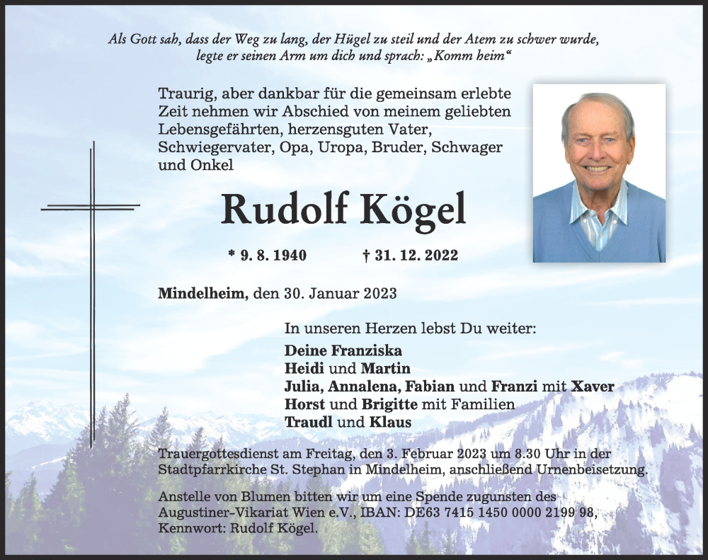  Traueranzeige für Rudolf Kögel vom 30.01.2023 aus Donauwörther Zeitung