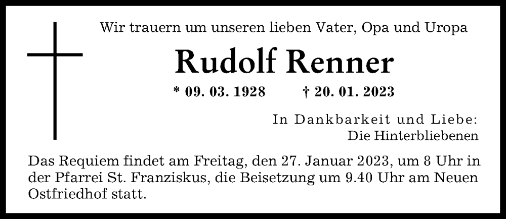  Traueranzeige für Rudolf Renner vom 26.01.2023 aus Augsburger Allgemeine
