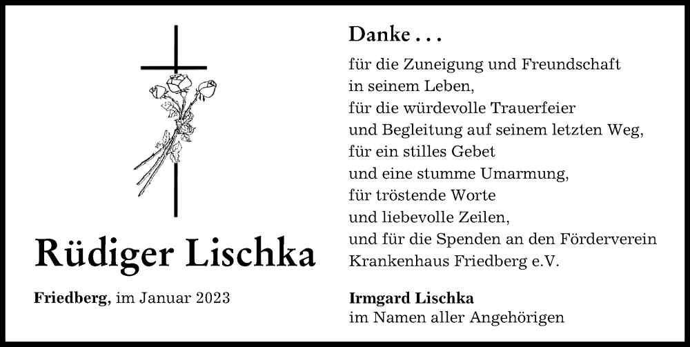  Traueranzeige für Rüdiger Lischka vom 07.01.2023 aus Friedberger Allgemeine