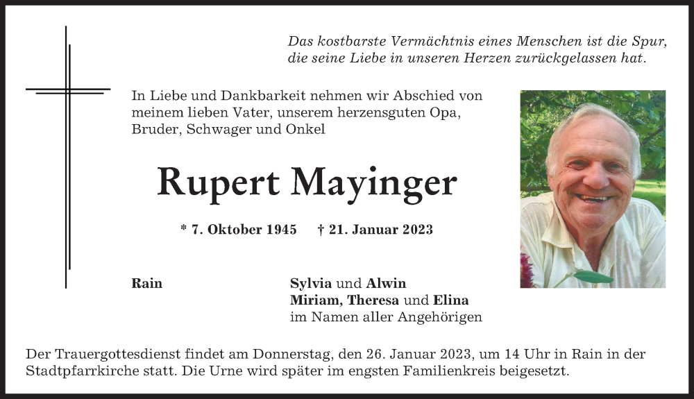  Traueranzeige für Rupert Mayinger vom 23.01.2023 aus Donauwörther Zeitung