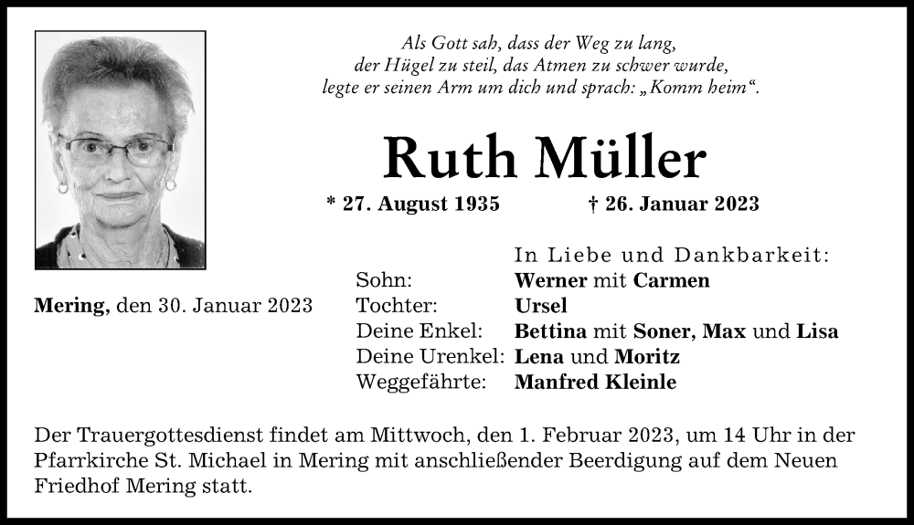  Traueranzeige für Ruth Müller vom 30.01.2023 aus Friedberger Allgemeine