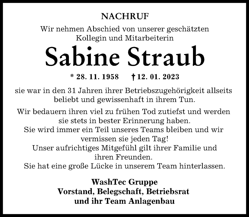  Traueranzeige für Sabine Straub vom 30.01.2023 aus Augsburger Allgemeine