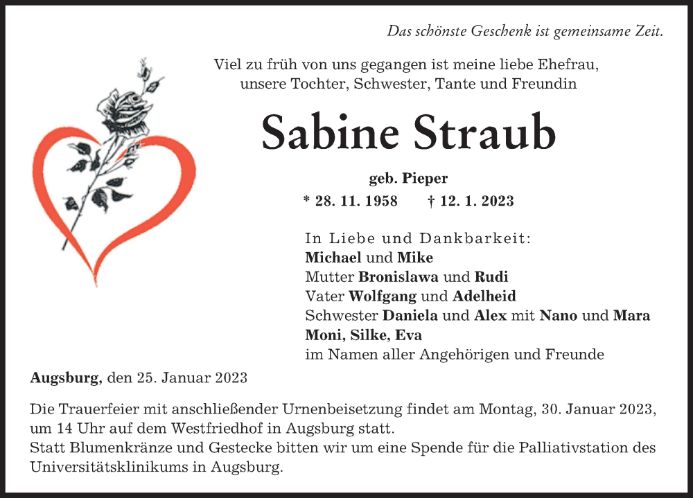  Traueranzeige für Sabine Straub vom 25.01.2023 aus Augsburger Allgemeine