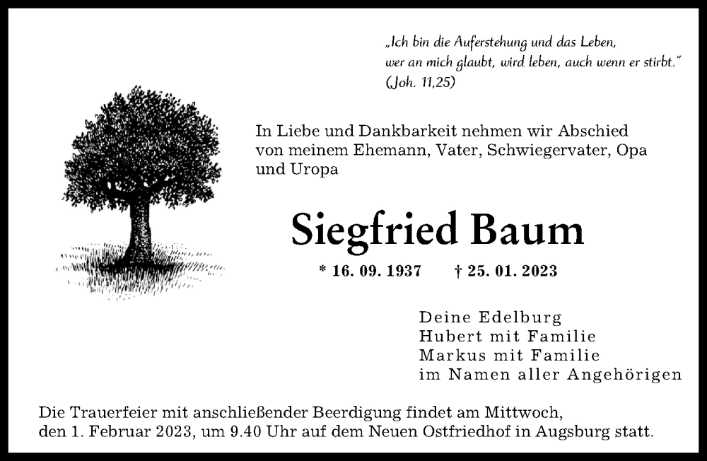  Traueranzeige für Siegfried Baum vom 30.01.2023 aus Augsburger Allgemeine