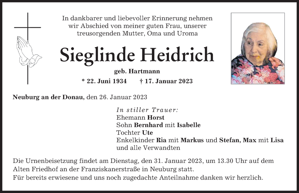  Traueranzeige für Sieglinde Heidrich vom 26.01.2023 aus Neuburger Rundschau