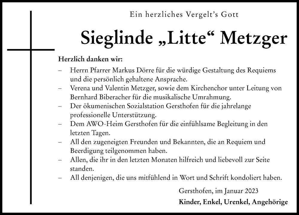  Traueranzeige für Sieglinde Metzger vom 28.01.2023 aus Augsburger Allgemeine