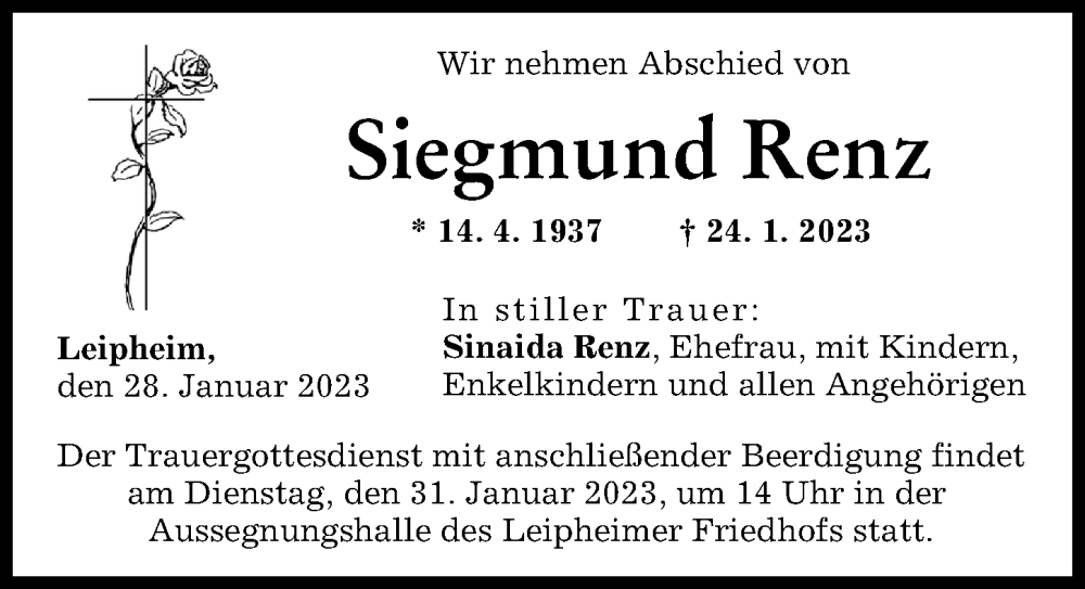  Traueranzeige für Siegmund Renz vom 28.01.2023 aus Günzburger Zeitung