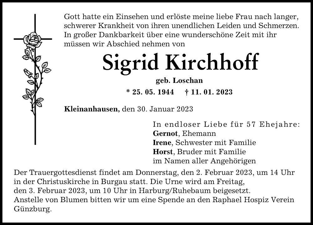  Traueranzeige für Sigrid Kirchhoff vom 30.01.2023 aus Günzburger Zeitung