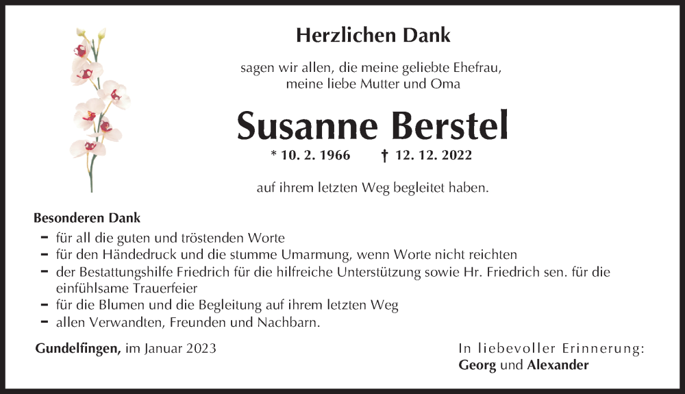 Traueranzeige von Susanne Berstel von Donau Zeitung