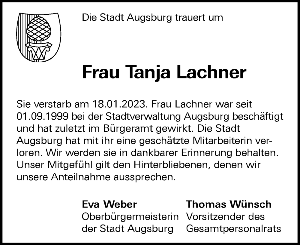  Traueranzeige für Tanja Lachner vom 28.01.2023 aus Augsburger Allgemeine