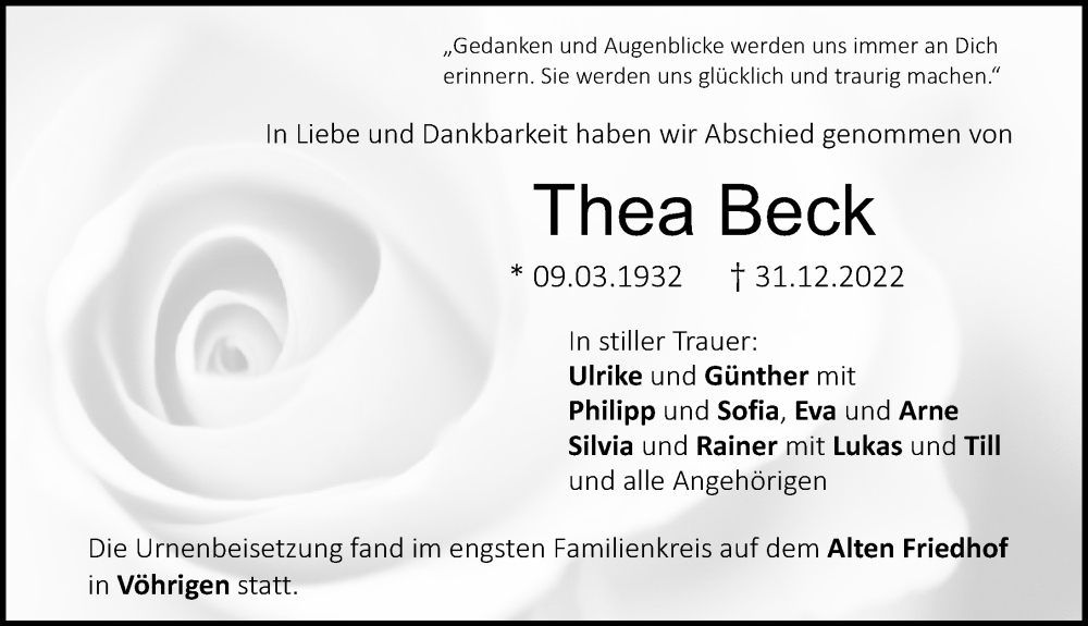  Traueranzeige für Thea Beck vom 21.01.2023 aus Illertisser Zeitung