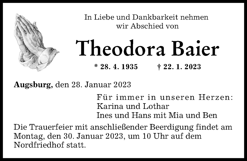  Traueranzeige für Theodora Baier vom 28.01.2023 aus Augsburger Allgemeine
