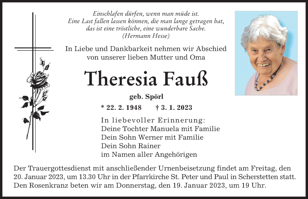  Traueranzeige für Theresia Fauß vom 17.01.2023 aus Augsburger Allgemeine