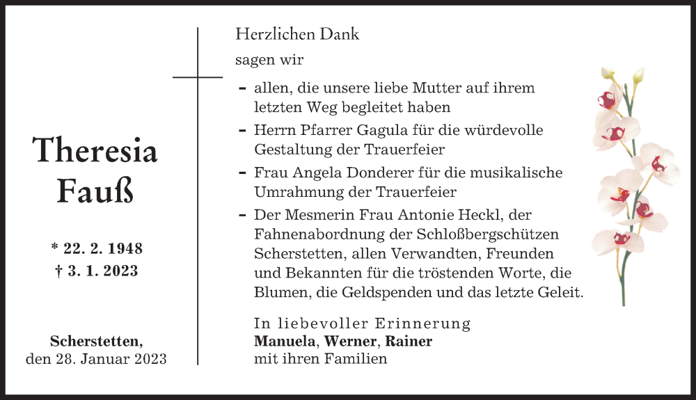  Traueranzeige für Theresia Fauß vom 28.01.2023 aus Schwabmünchner Allgemeine