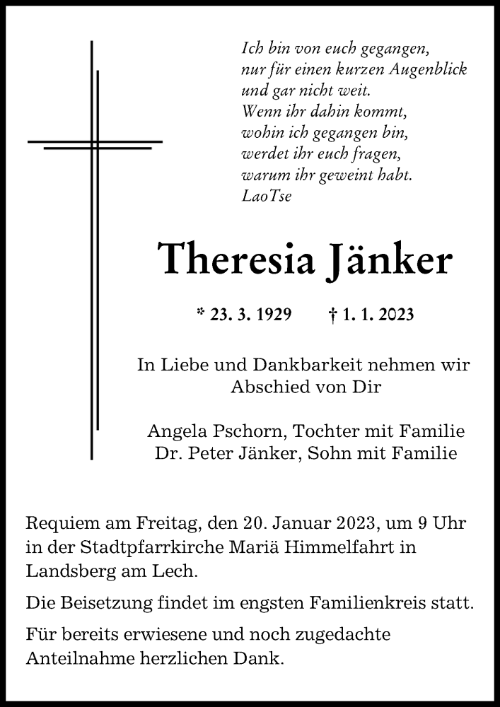 Traueranzeige von Theresia Jänker von Landsberger Tagblatt