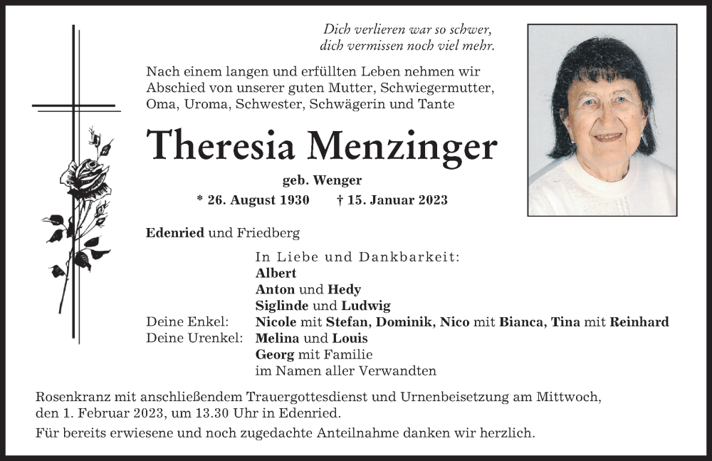  Traueranzeige für Theresia Menzinger vom 26.01.2023 aus Aichacher Nachrichten