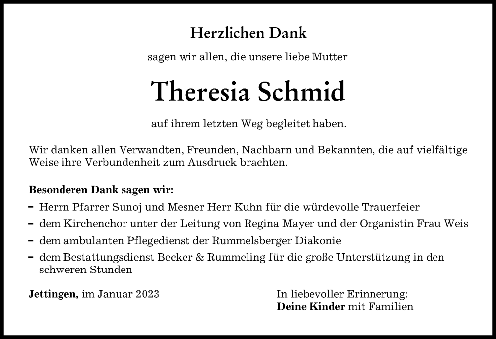 Traueranzeige von Theresia Schmid von Günzburger Zeitung