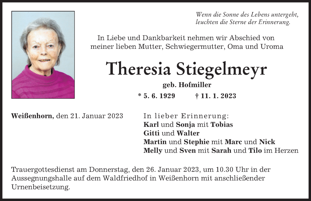  Traueranzeige für Theresia Stiegelmeyr vom 21.01.2023 aus Neu-Ulmer Zeitung